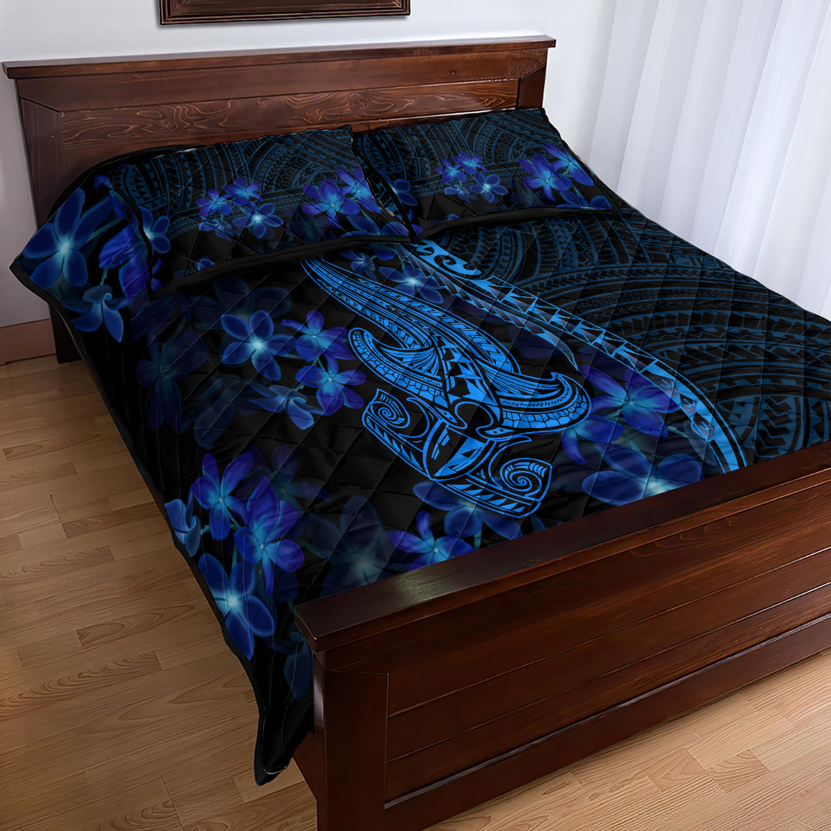 Blue Polynesia Shark Tattoo Quilt Bed Set With Polynesian Plumeria LT14 - Polynesian Pride