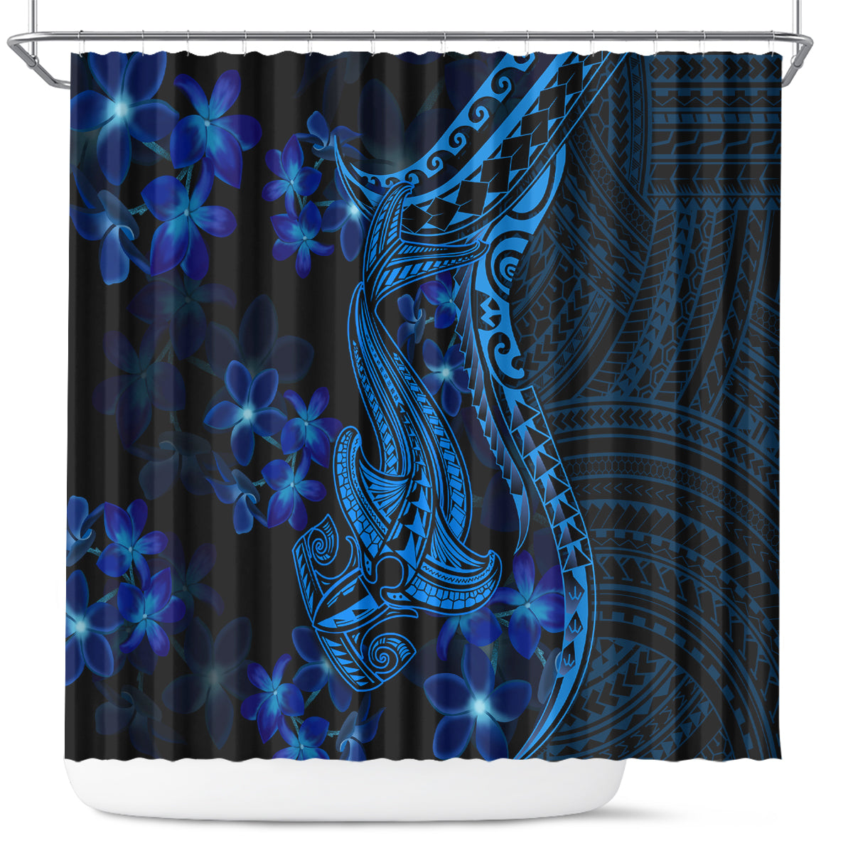 Blue Polynesia Shark Tattoo Shower Curtain With Polynesian Plumeria LT14 Blue - Polynesian Pride