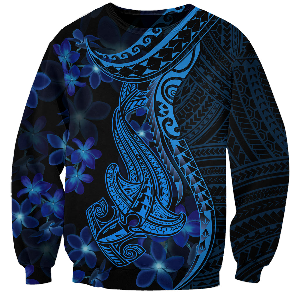 Blue Polynesia Shark Tattoo Sweatshirt With Polynesian Plumeria LT14 Unisex Blue - Polynesian Pride