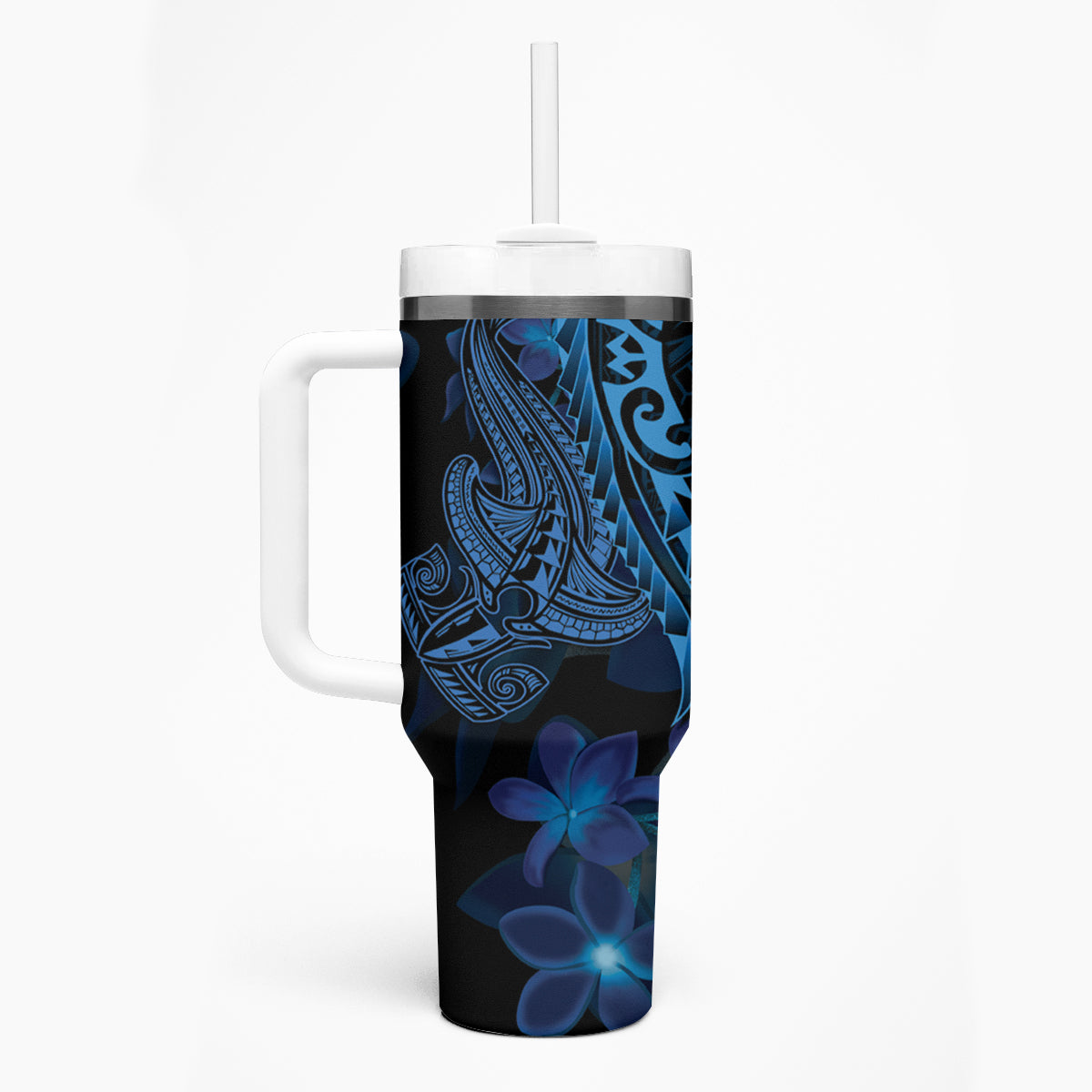 Blue Polynesia Shark Tattoo Tumbler With Handle With Polynesian Plumeria LT14 - Polynesian Pride