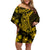 Gold Polynesia Shark Tattoo Family Matching Off Shoulder Short Dress and Hawaiian Shirt With Polynesian Plumeria LT14 Mom's Dress Gold - Polynesian Pride