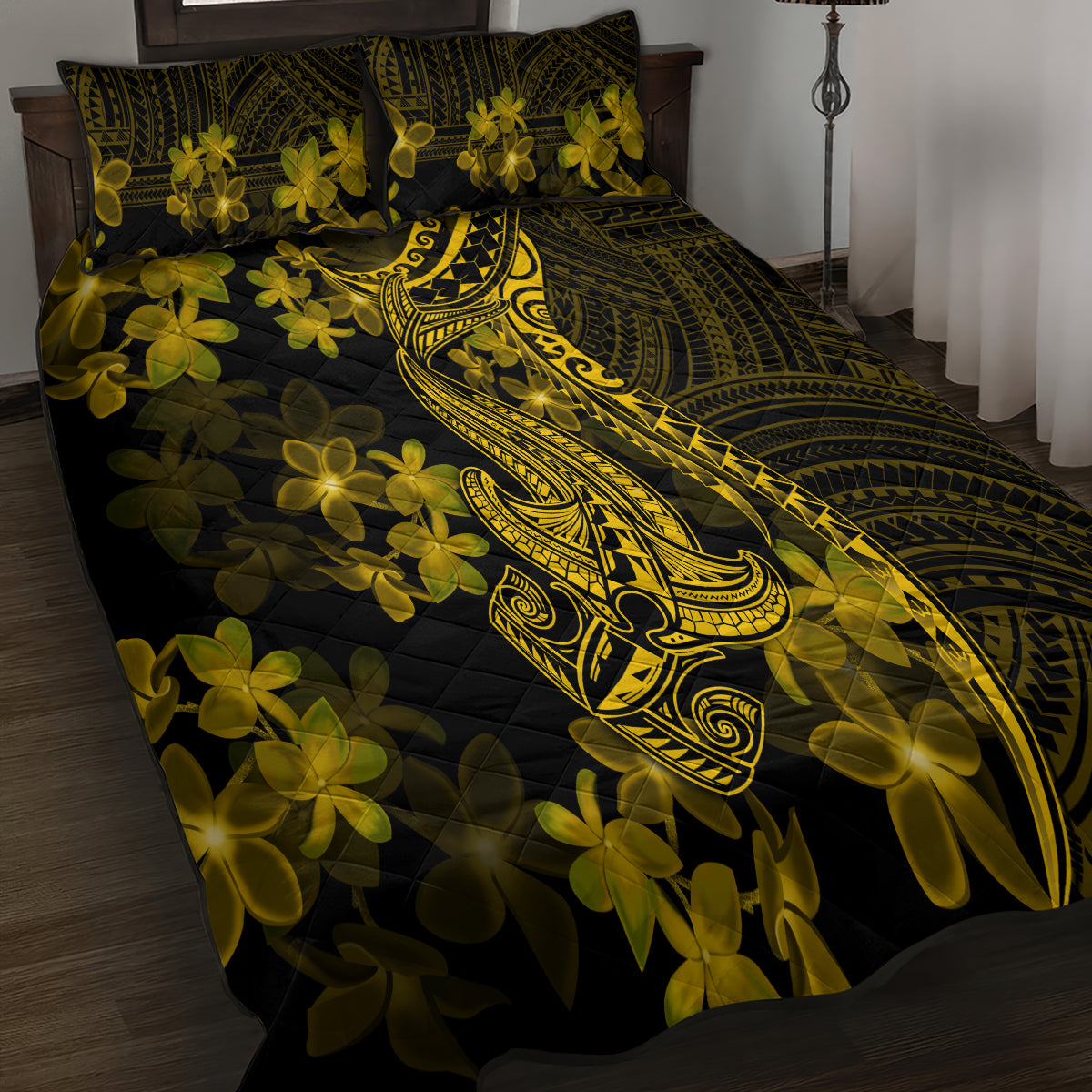 Gold Polynesia Shark Tattoo Quilt Bed Set With Polynesian Plumeria LT14 - Polynesian Pride
