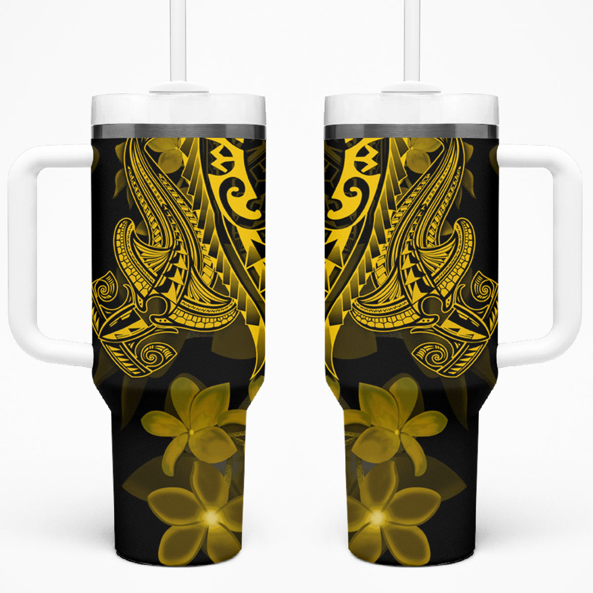 Gold Polynesia Shark Tattoo Tumbler With Handle With Polynesian Plumeria LT14 One Size: 40 oz Gold - Polynesian Pride