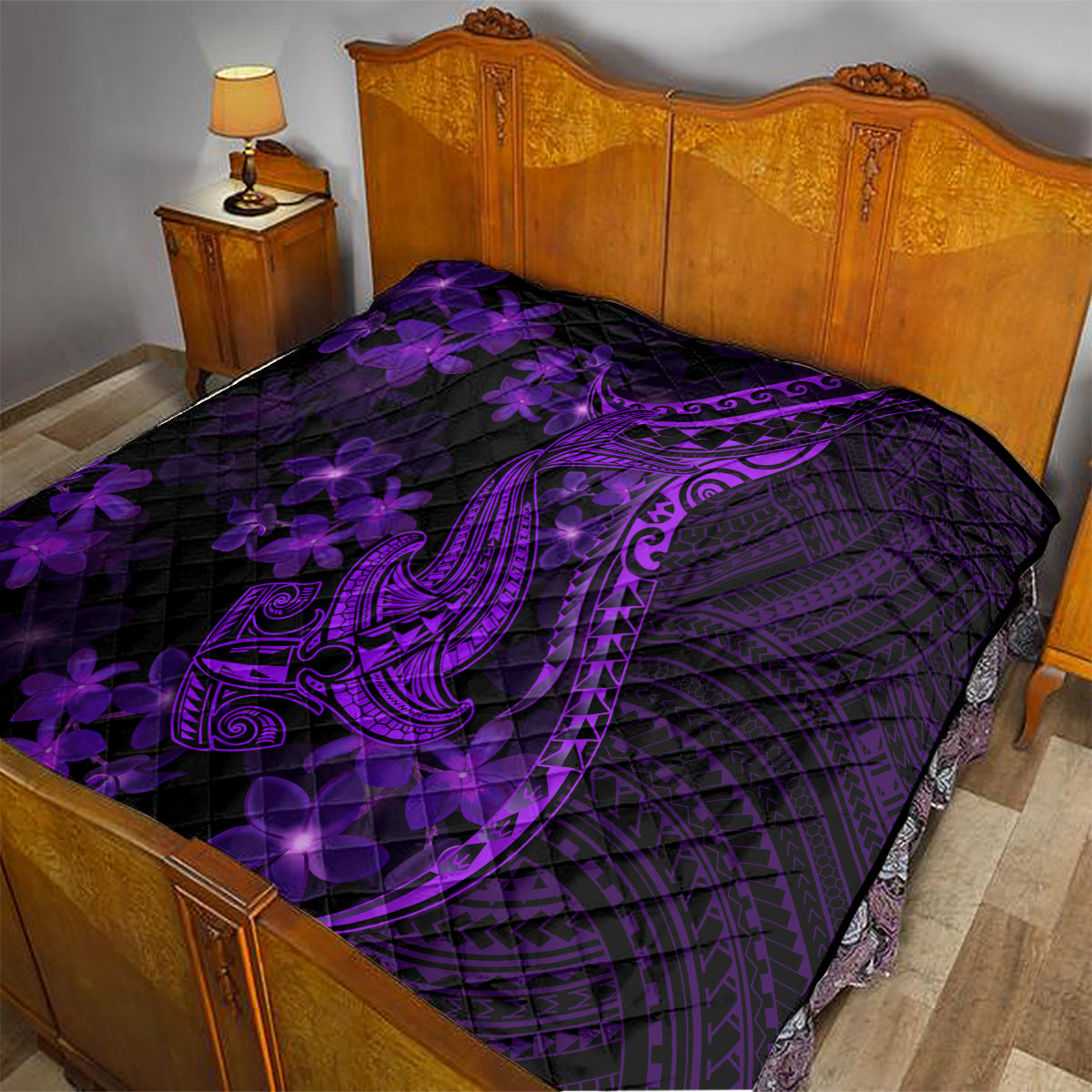 Purple Polynesia Shark Tattoo Quilt With Polynesian Plumeria LT14 - Polynesian Pride