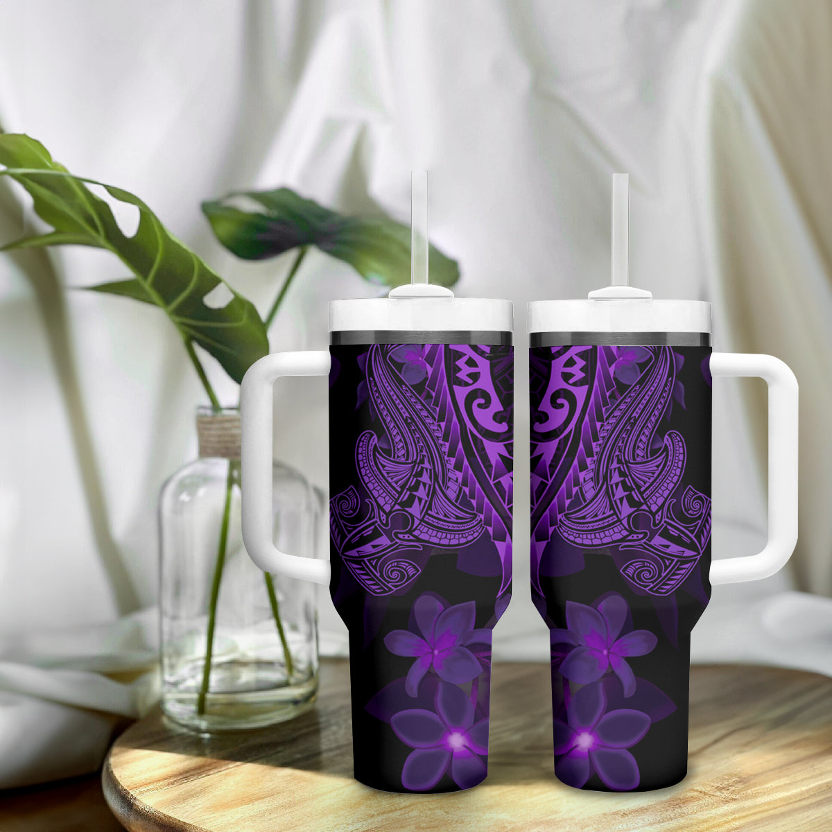Purple Polynesia Shark Tattoo Tumbler With Handle With Polynesian Plumeria LT14 - Polynesian Pride