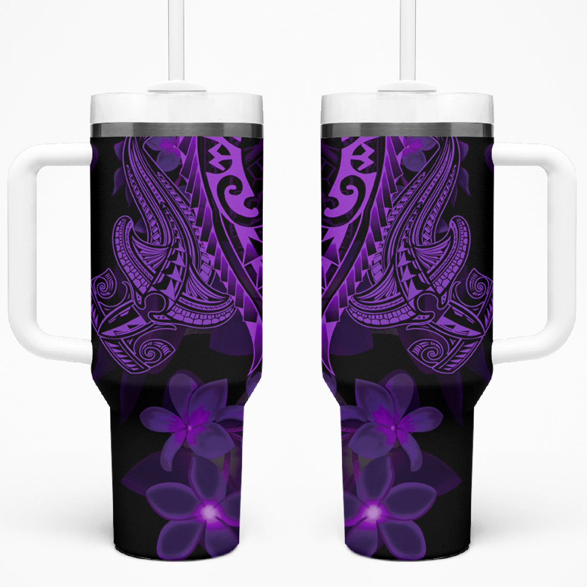 Purple Polynesia Shark Tattoo Tumbler With Handle With Polynesian Plumeria LT14 One Size: 40 oz Purple - Polynesian Pride