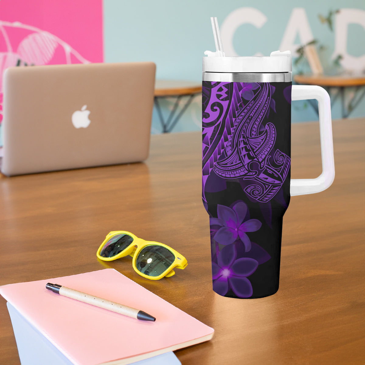 Purple Polynesia Shark Tattoo Tumbler With Handle With Polynesian Plumeria LT14 - Polynesian Pride