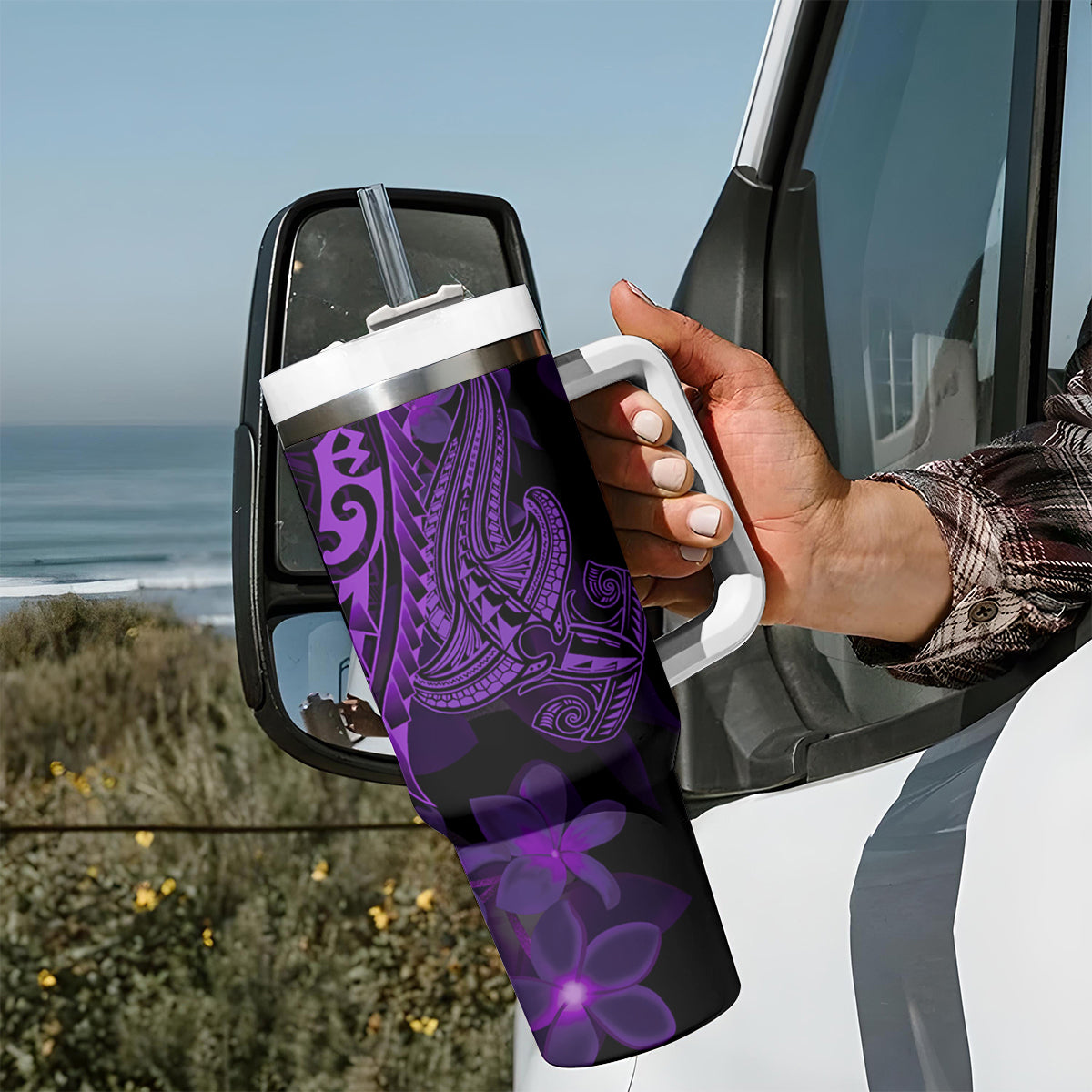 Purple Polynesia Shark Tattoo Tumbler With Handle With Polynesian Plumeria LT14 - Polynesian Pride