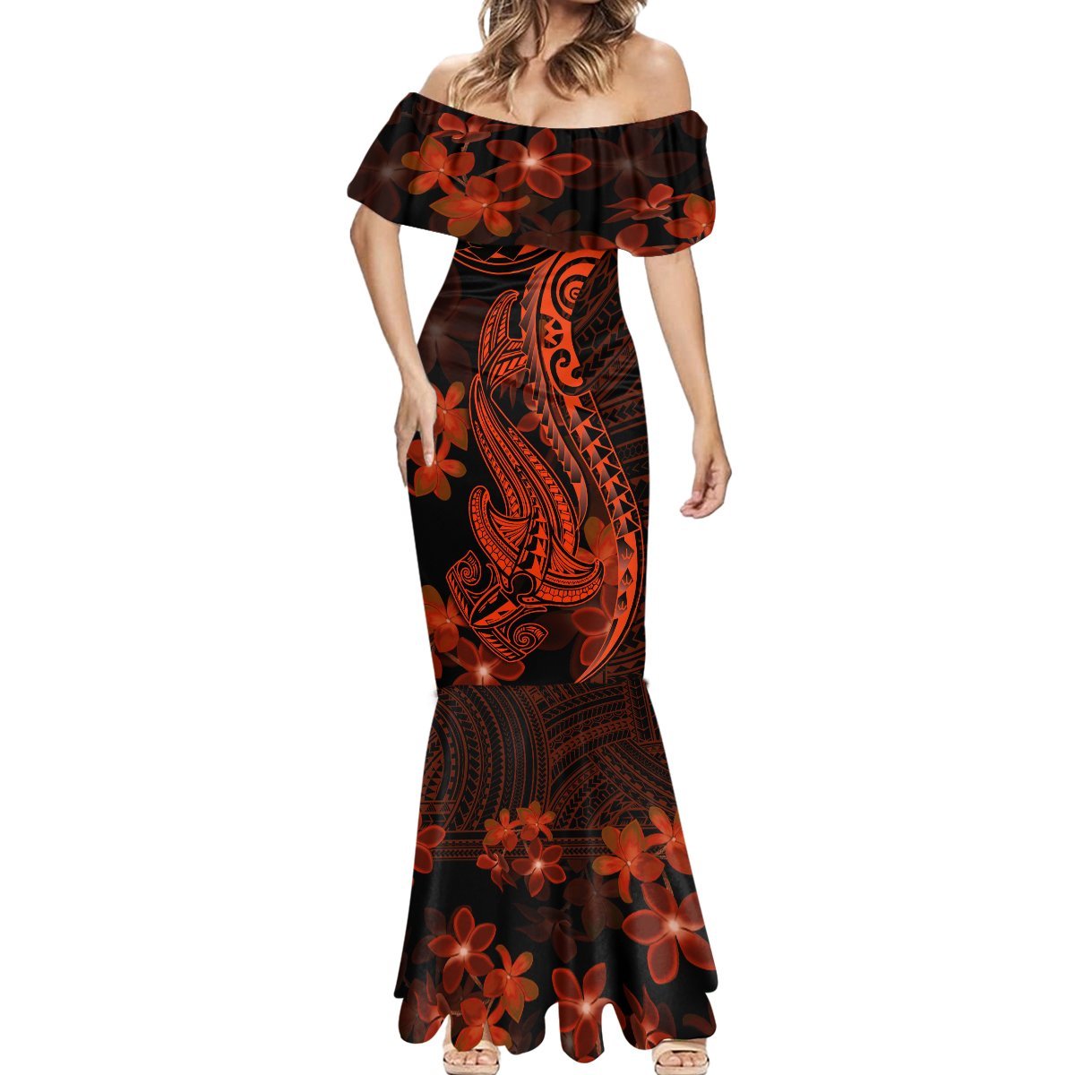Red Polynesia Mermaid Dress Shark Tattoo With Polynesian Plumeria LT14 - Polynesian Pride