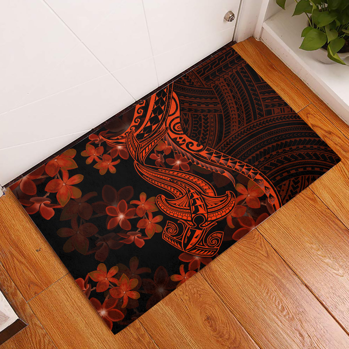 Red Polynesia Rubber Doormat Shark Tattoo With Polynesian Plumeria LT14 Red - Polynesian Pride