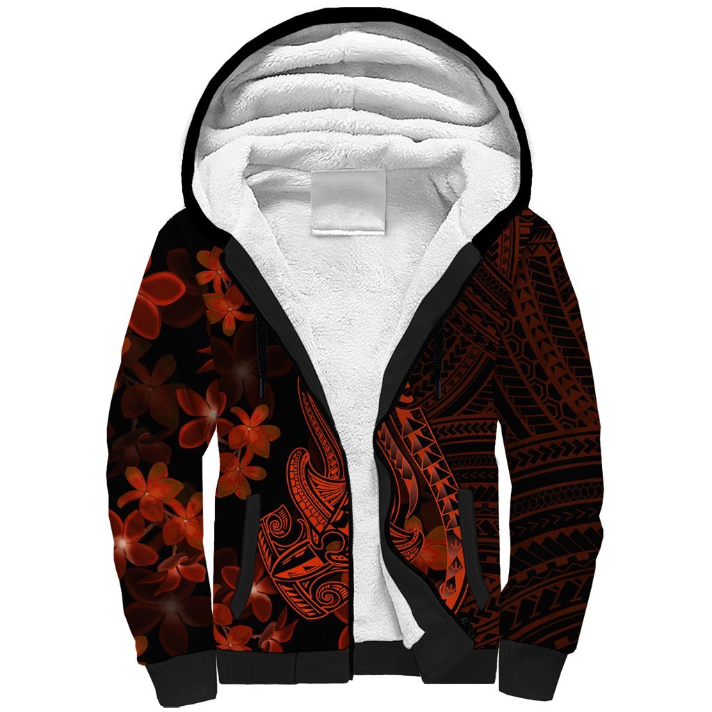 Red Polynesia Sherpa Hoodie Shark Tattoo With Polynesian Plumeria LT14 Unisex Red - Polynesian Pride