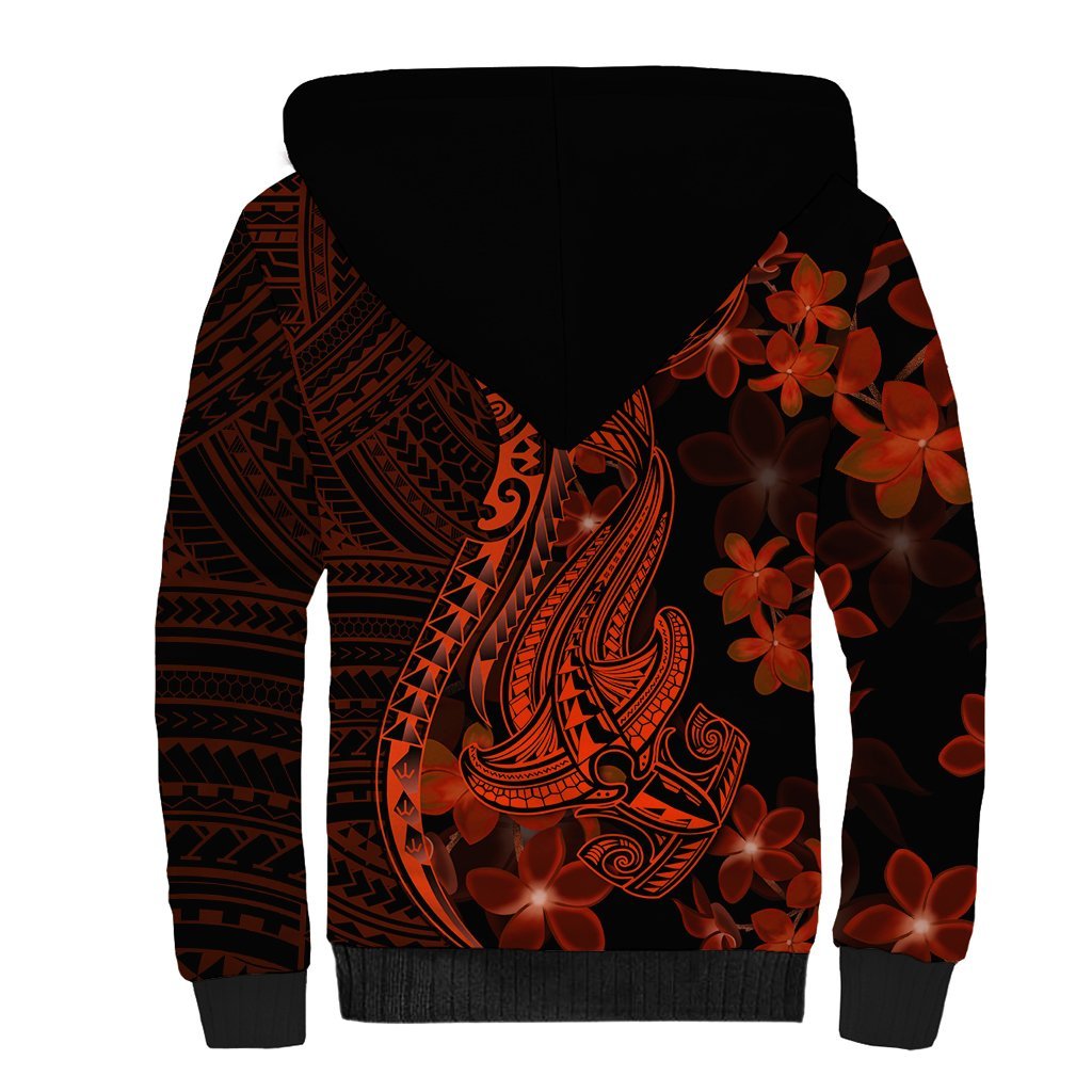 Red Polynesia Sherpa Hoodie Shark Tattoo With Polynesian Plumeria LT14 - Polynesian Pride