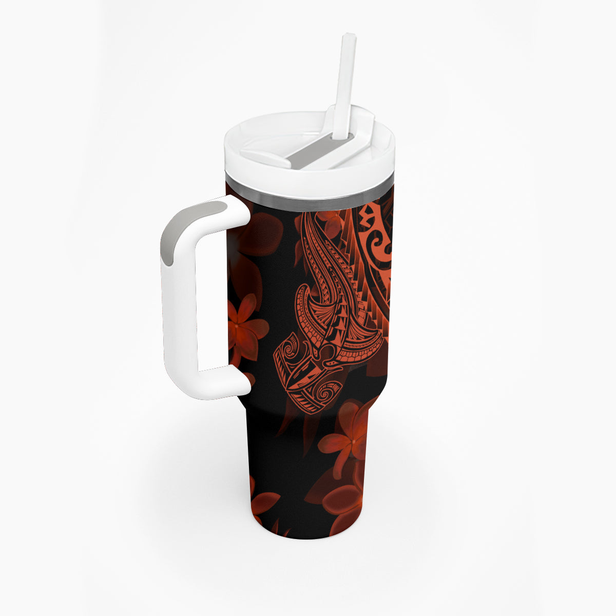 Red Polynesia Tumbler With Handle Shark Tattoo With Polynesian Plumeria LT14 - Polynesian Pride