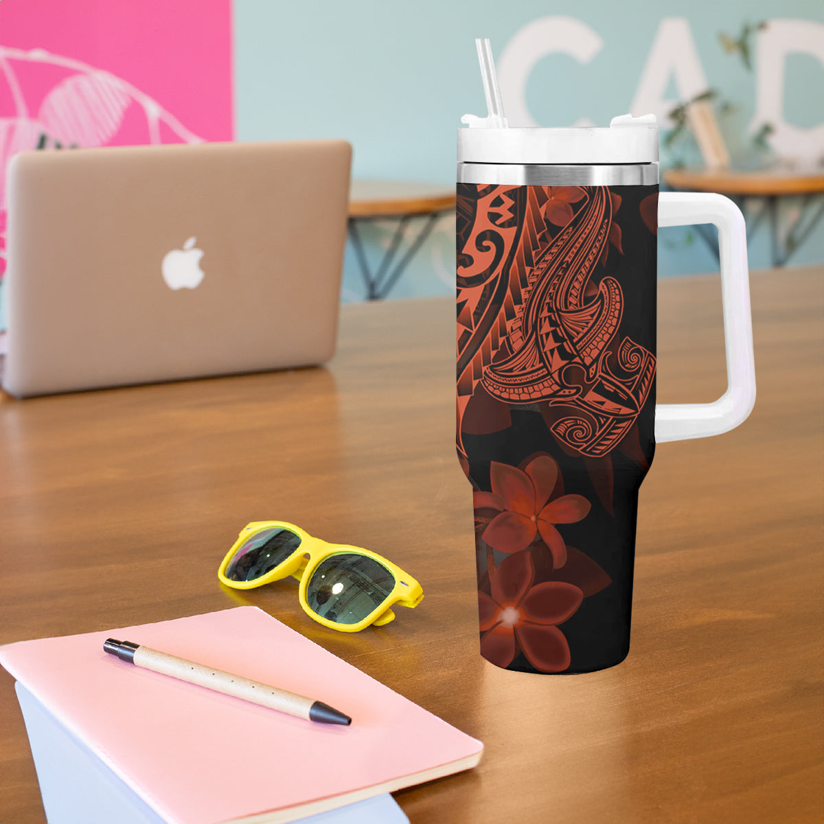 Red Polynesia Tumbler With Handle Shark Tattoo With Polynesian Plumeria LT14 - Polynesian Pride