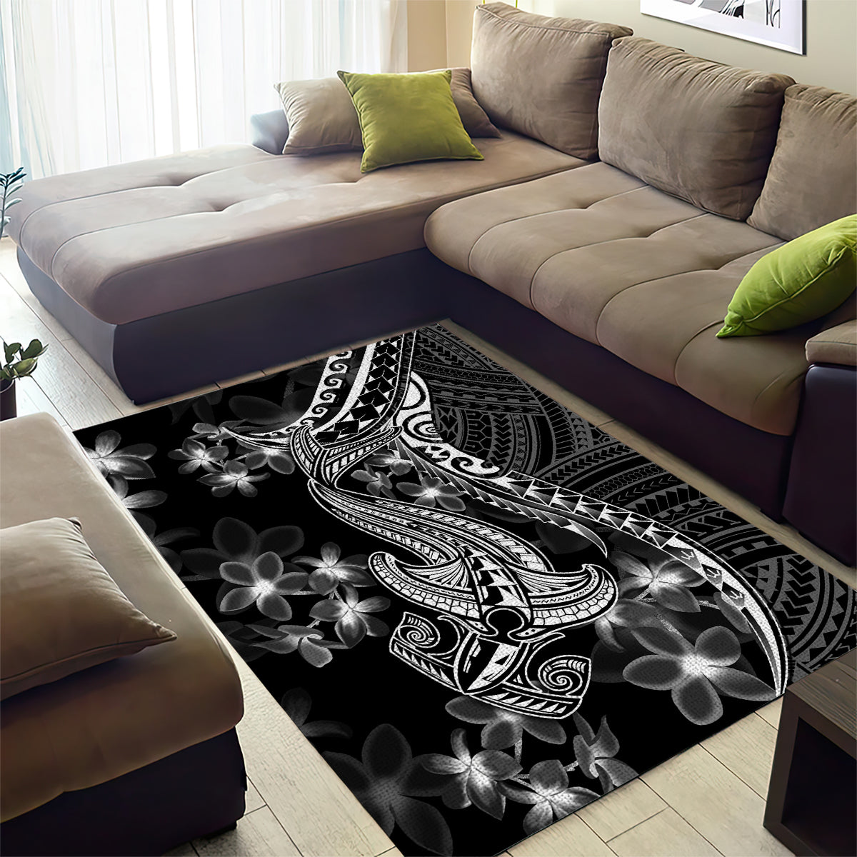 Black Polynesia Area Rug Shark Tattoo With Polynesian Plumeria LT14 - Polynesian Pride
