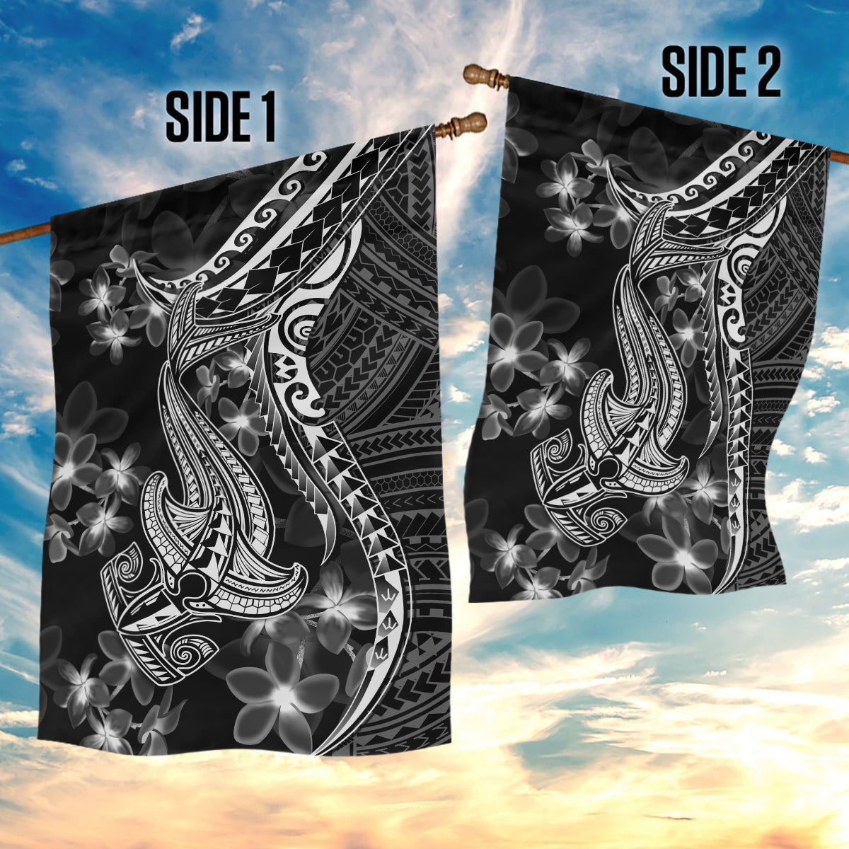 Black Polynesia Garden Flag Shark Tattoo With Polynesian Plumeria LT14 - Polynesian Pride