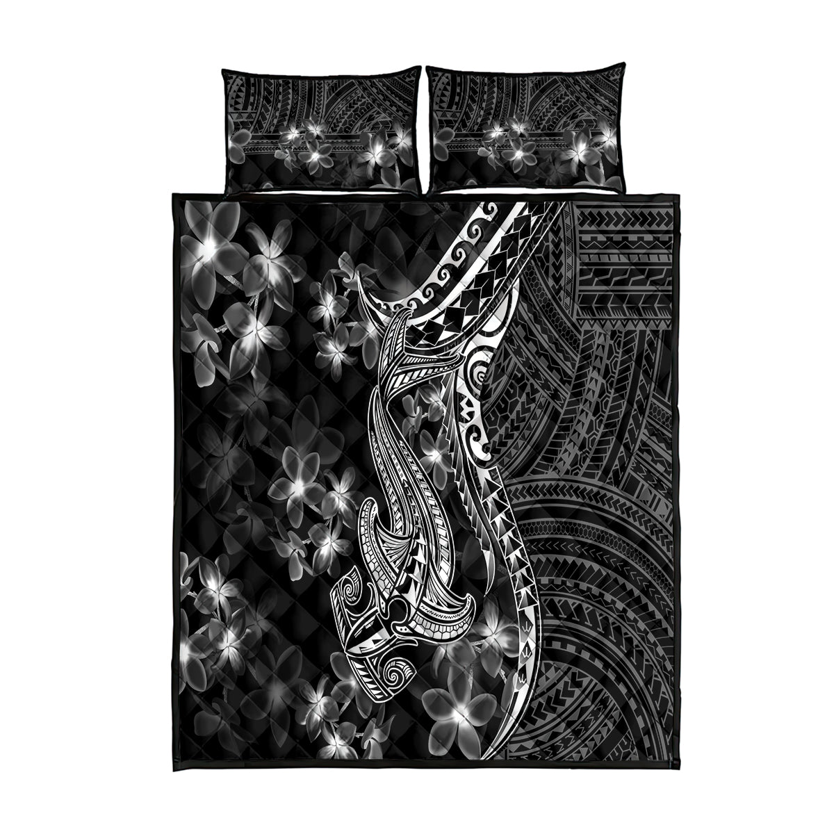 Black Polynesia Quilt Bed Set Shark Tattoo With Polynesian Plumeria LT14 Black - Polynesian Pride