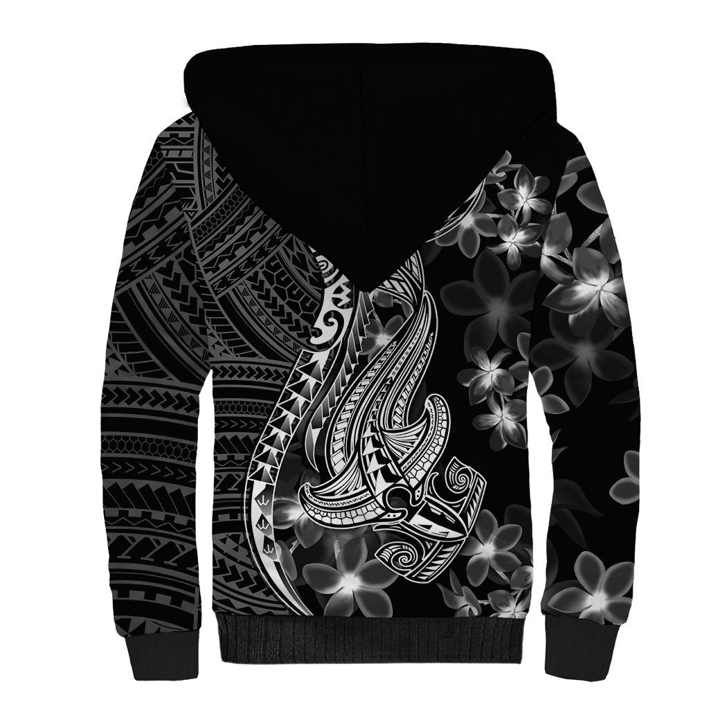 Black Polynesia Sherpa Hoodie Shark Tattoo With Polynesian Plumeria LT14 - Polynesian Pride
