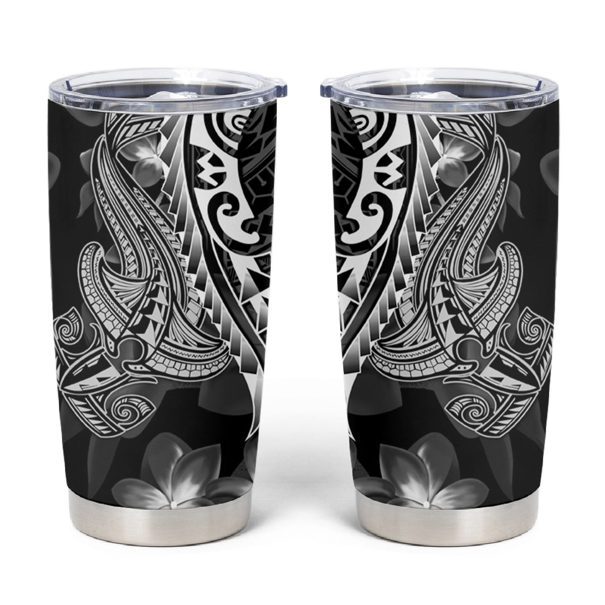 Black Polynesia Tumbler Cup Shark Tattoo With Polynesian Plumeria LT14 Black - Polynesian Pride