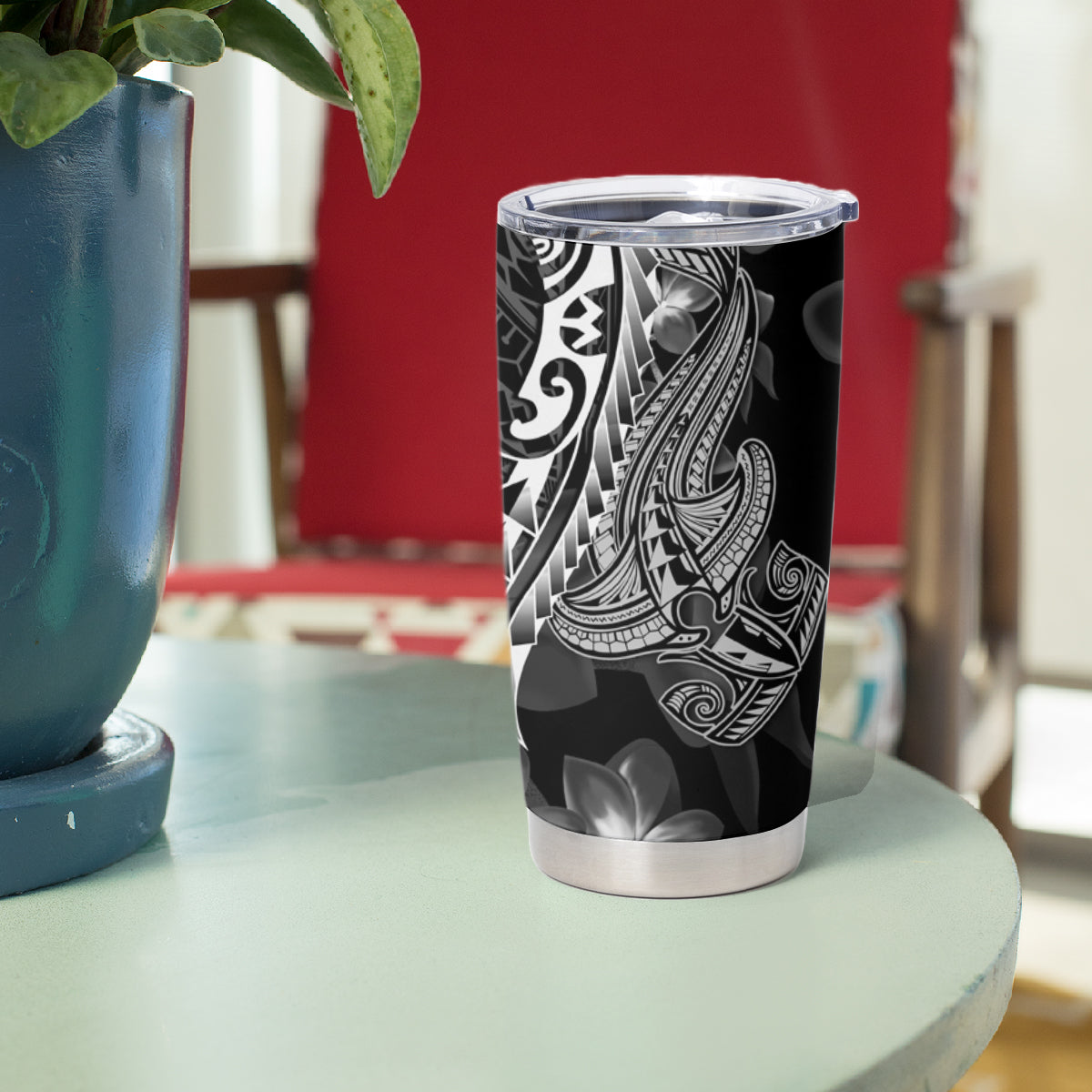 Black Polynesia Tumbler Cup Shark Tattoo With Polynesian Plumeria LT14 - Polynesian Pride