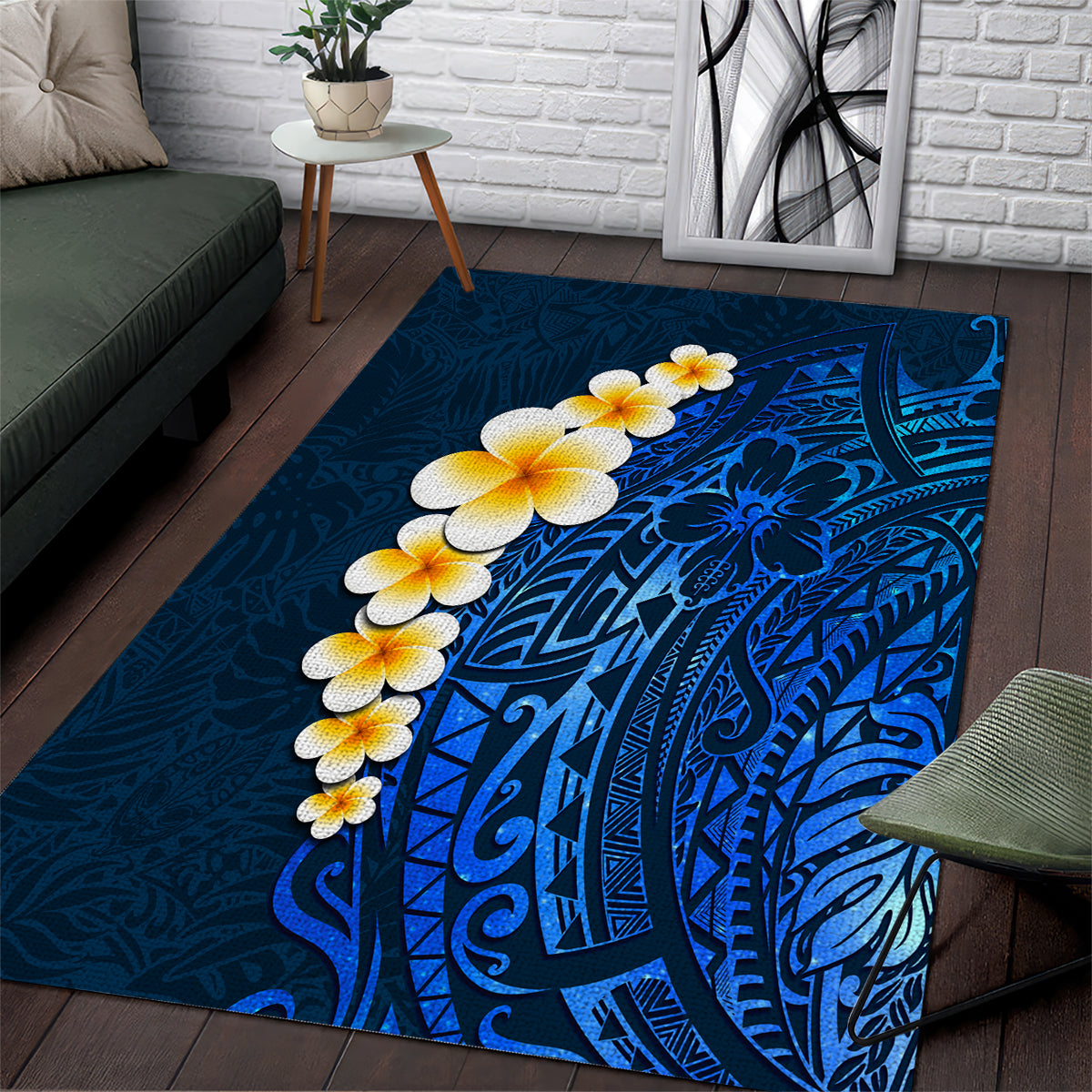 Blue Polynesia Area Rug Plumeria Tropical Leaves With Galaxy Polynesian Art LT14 Blue - Polynesian Pride