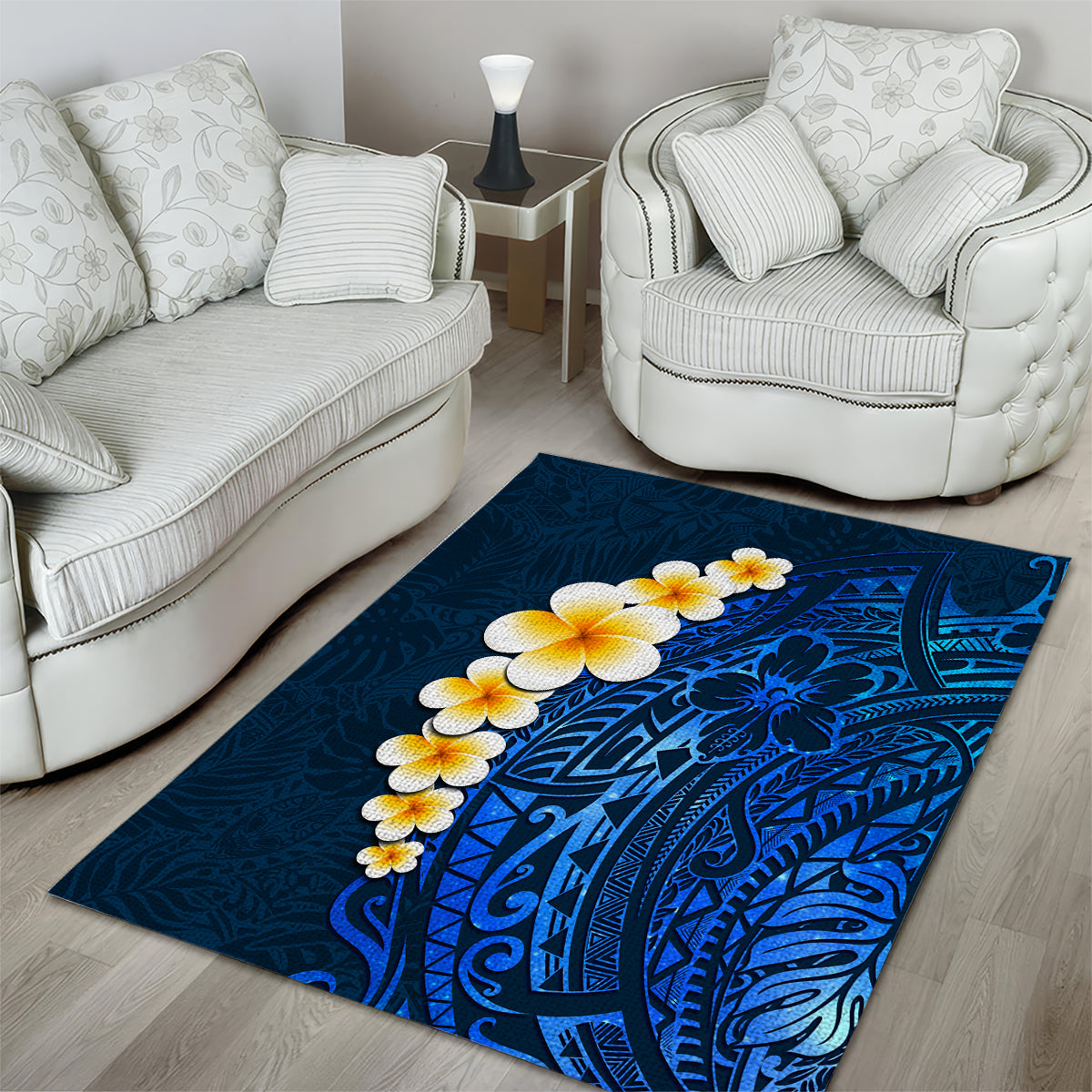 Blue Polynesia Area Rug Plumeria Tropical Leaves With Galaxy Polynesian Art LT14 - Polynesian Pride