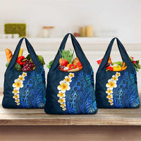 Blue Polynesia Grocery Bag Plumeria Tropical Leaves With Galaxy Polynesian Art LT14 3-pack One Size Blue - Polynesian Pride