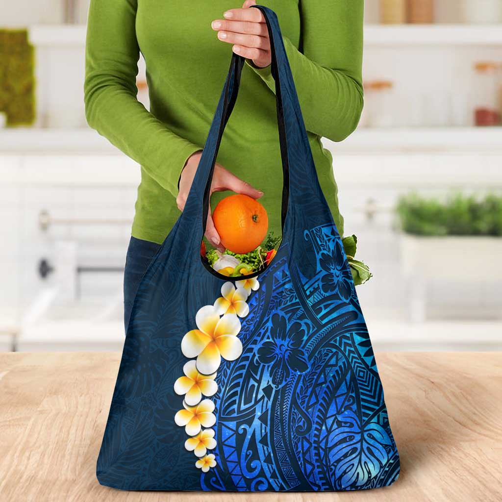 Blue Polynesia Grocery Bag Plumeria Tropical Leaves With Galaxy Polynesian Art LT14 - Polynesian Pride