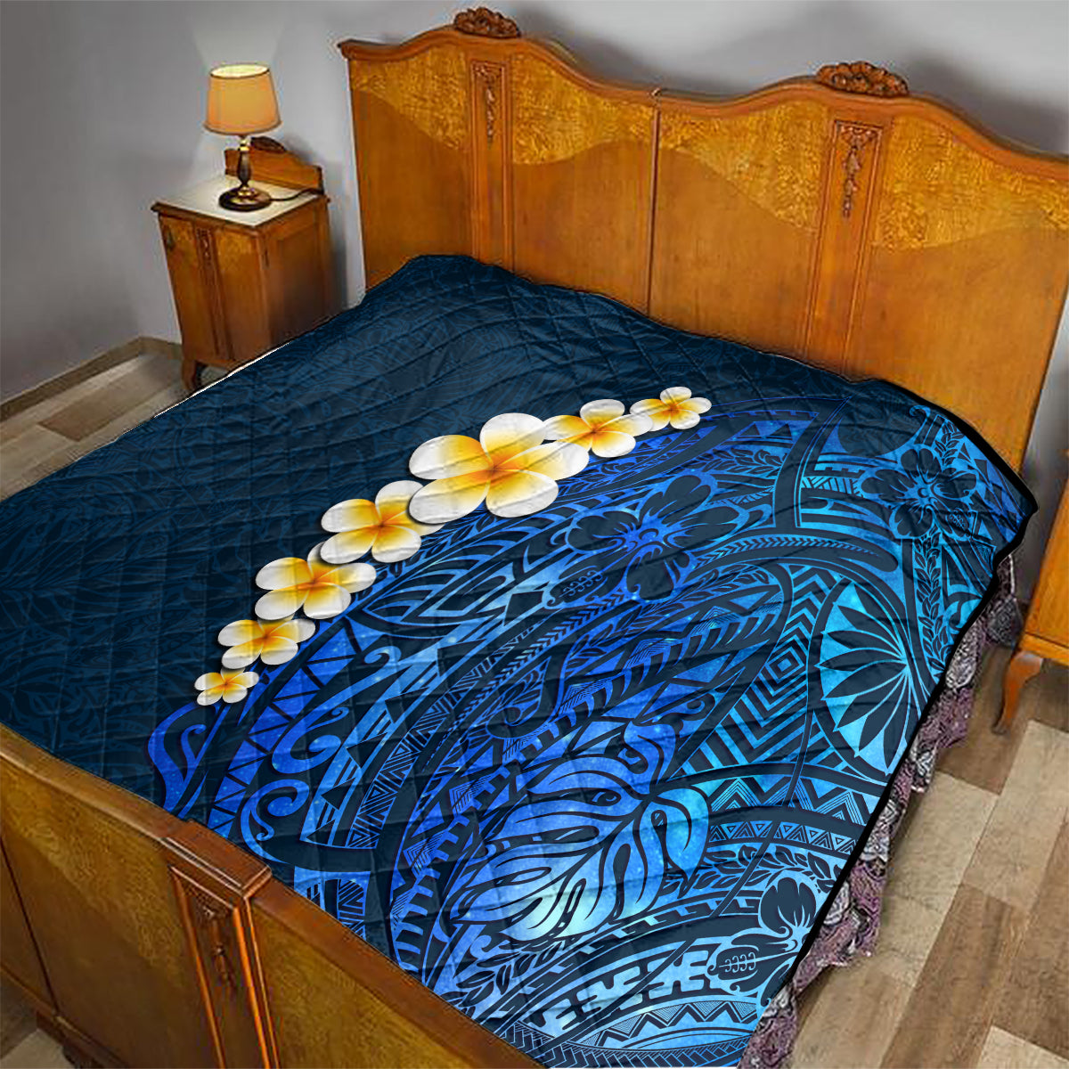 Blue Polynesia Quilt Plumeria Tropical Leaves With Galaxy Polynesian Art LT14 - Polynesian Pride