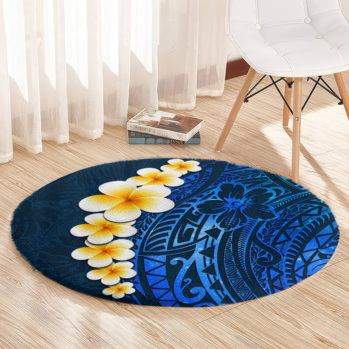 Blue Polynesia Round Carpet Plumeria Tropical Leaves With Galaxy Polynesian Art LT14 - Polynesian Pride