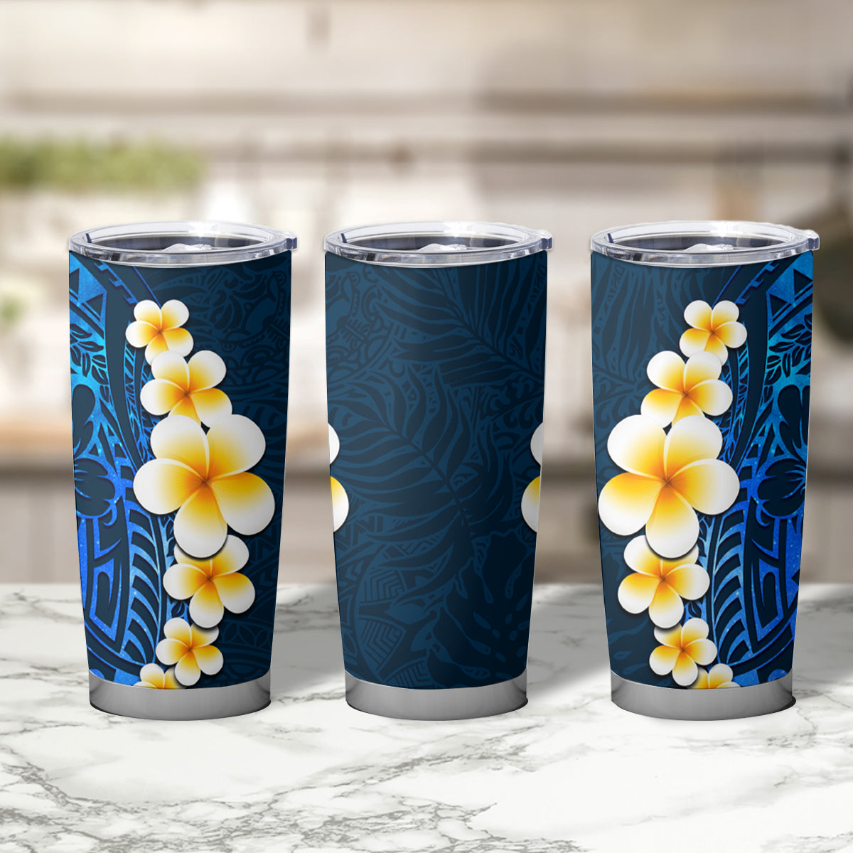 Blue Polynesia Tumbler Cup Plumeria Tropical Leaves With Galaxy Polynesian Art LT14 - Polynesian Pride