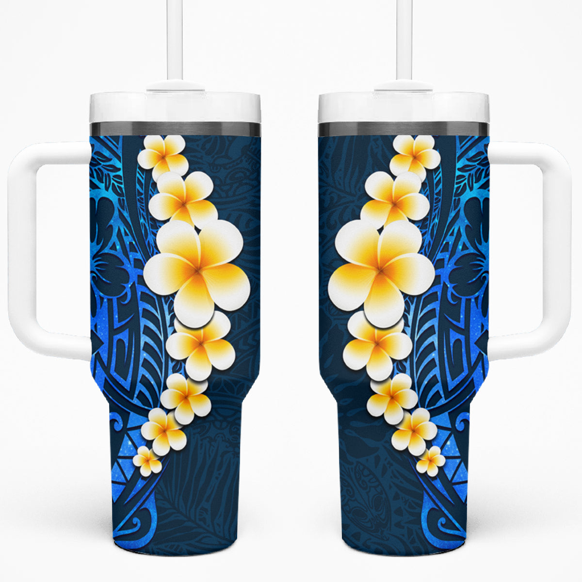 Blue Polynesia Tumbler With Handle Plumeria Tropical Leaves With Galaxy Polynesian Art LT14 One Size: 40 oz Blue - Polynesian Pride