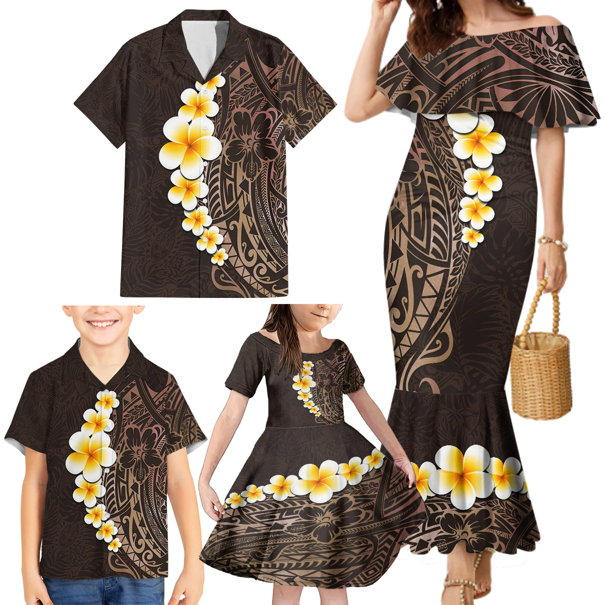 Brown Polynesia Family Matching Mermaid Dress and Hawaiian Shirt Plumeria Tropical Leaves With Galaxy Polynesian Art LT14 - Polynesian Pride