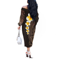Brown Polynesia Off The Shoulder Long Sleeve Dress Plumeria Tropical Leaves With Galaxy Polynesian Art LT14 - Polynesian Pride