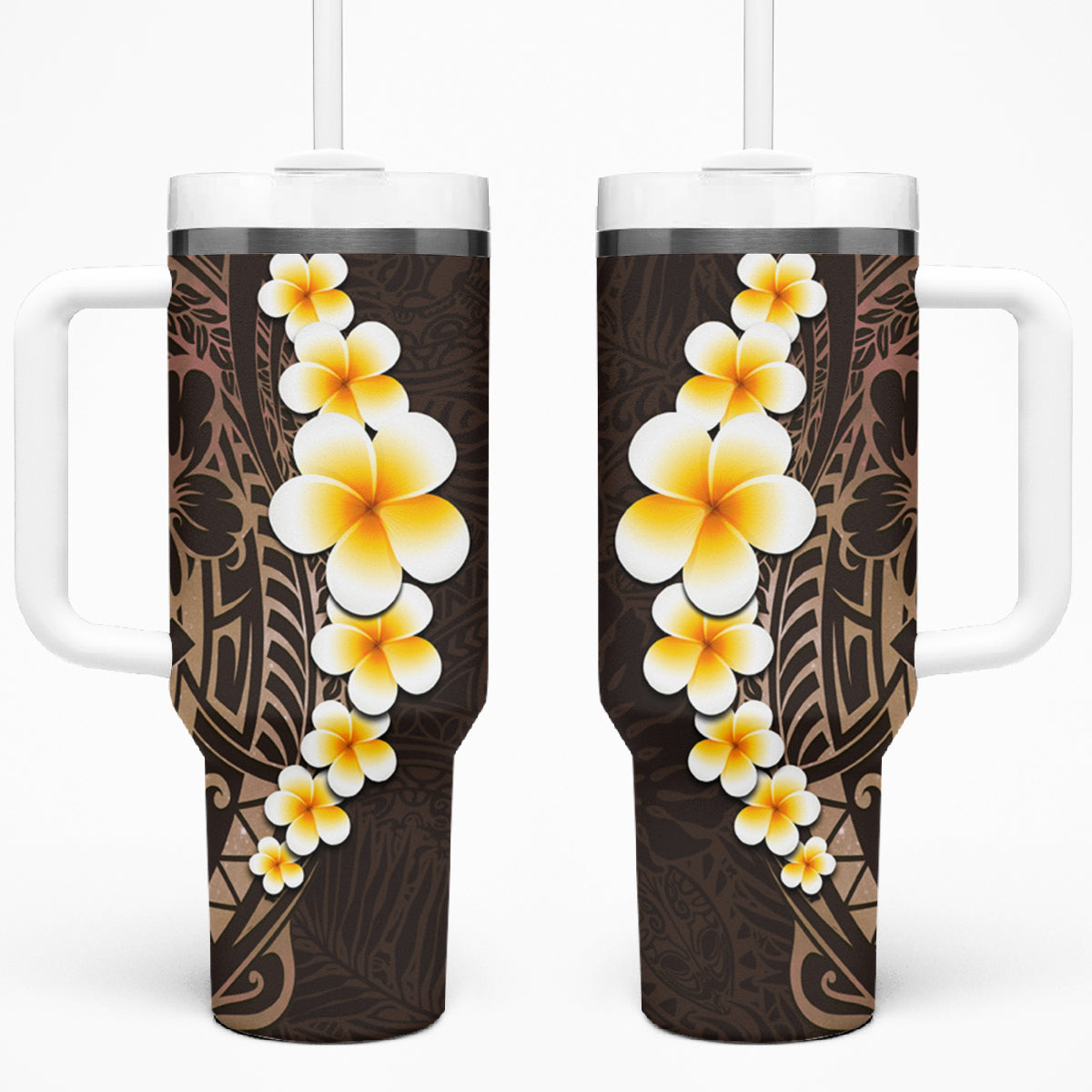Brown Polynesia Tumbler With Handle Plumeria Tropical Leaves With Galaxy Polynesian Art LT14 One Size: 40 oz Brown - Polynesian Pride