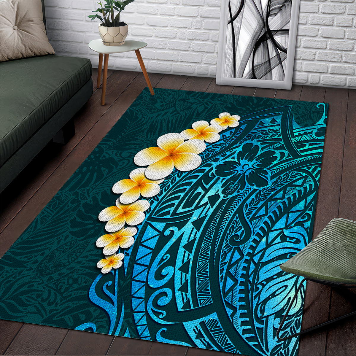 Turquoise Polynesia Area Rug Plumeria Tropical Leaves With Galaxy Polynesian Art LT14 Turquoise - Polynesian Pride