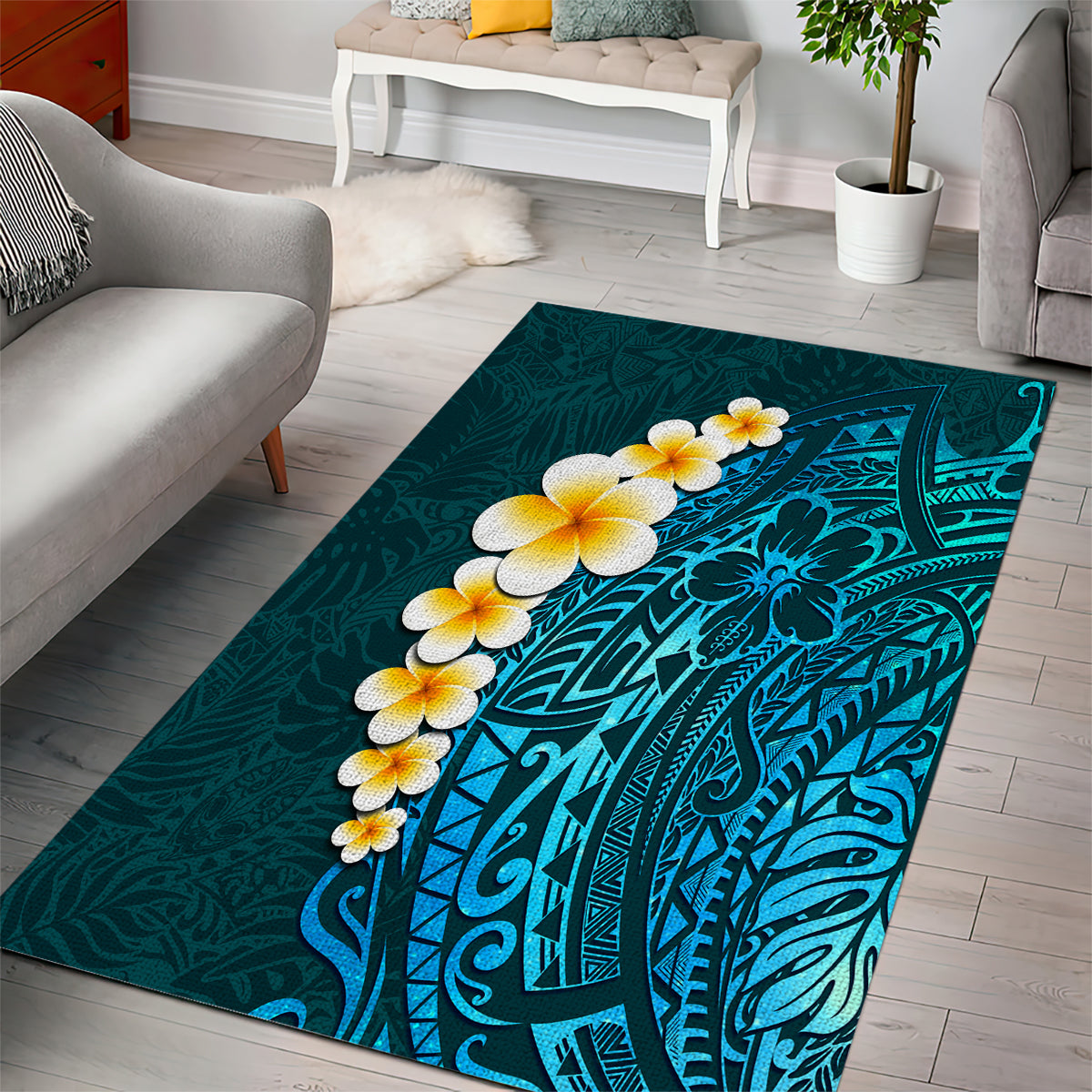 Turquoise Polynesia Area Rug Plumeria Tropical Leaves With Galaxy Polynesian Art LT14 - Polynesian Pride