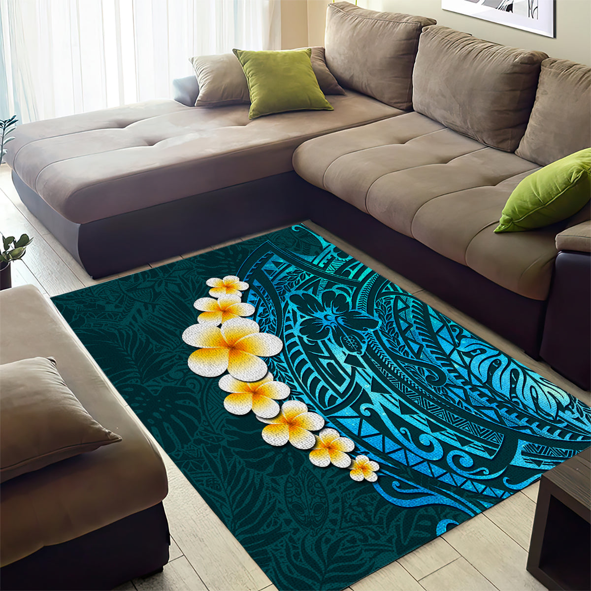 Turquoise Polynesia Area Rug Plumeria Tropical Leaves With Galaxy Polynesian Art LT14 - Polynesian Pride