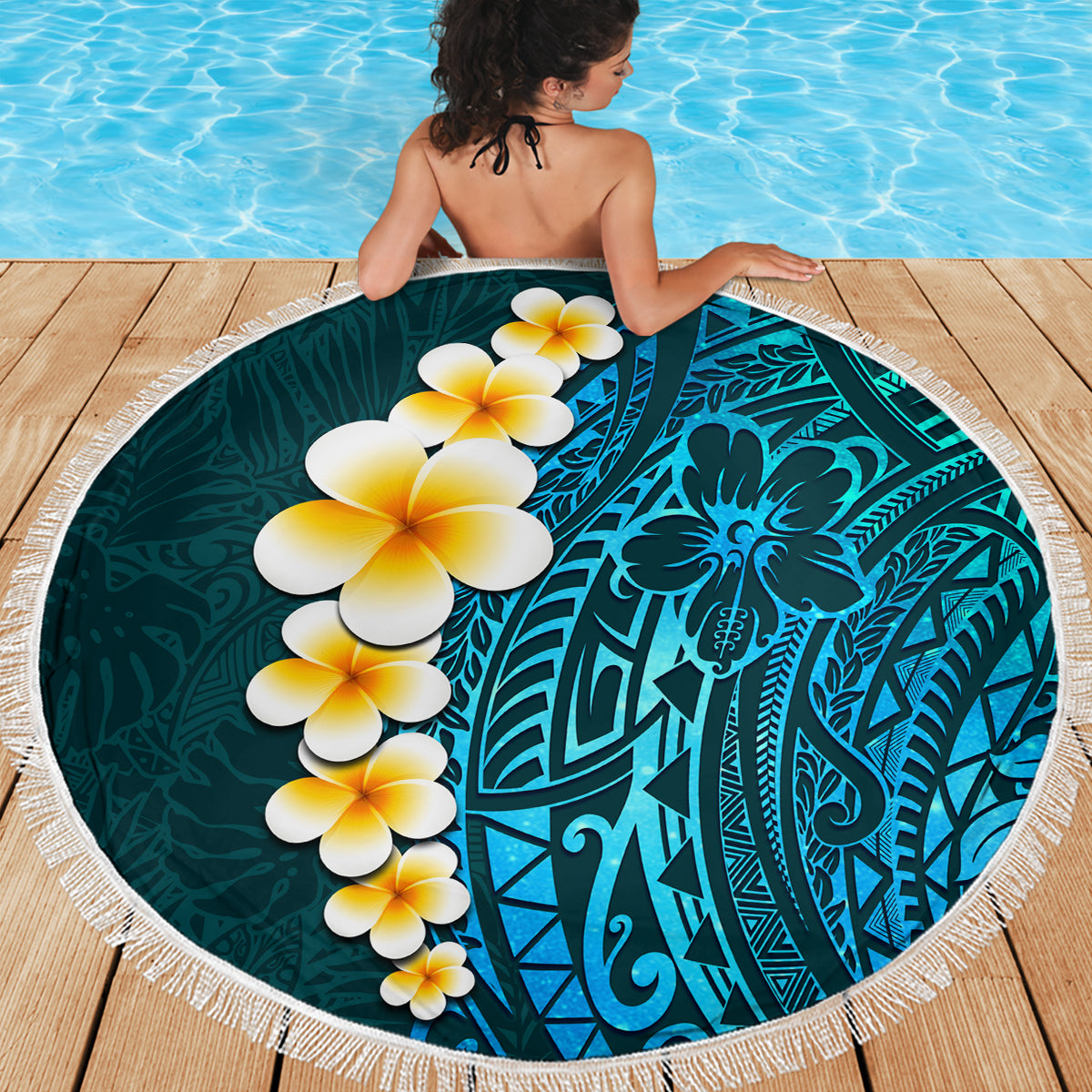 Turquoise Polynesia Beach Blanket Plumeria Tropical Leaves With Galaxy Polynesian Art LT14 - Polynesian Pride