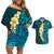 Turquosie Polynesia Couples Matching Off Shoulder Short Dress and Hawaiian Shirt Plumeria Tropical Leaves With Galaxy Polynesian Art LT14 Turquoise - Polynesian Pride