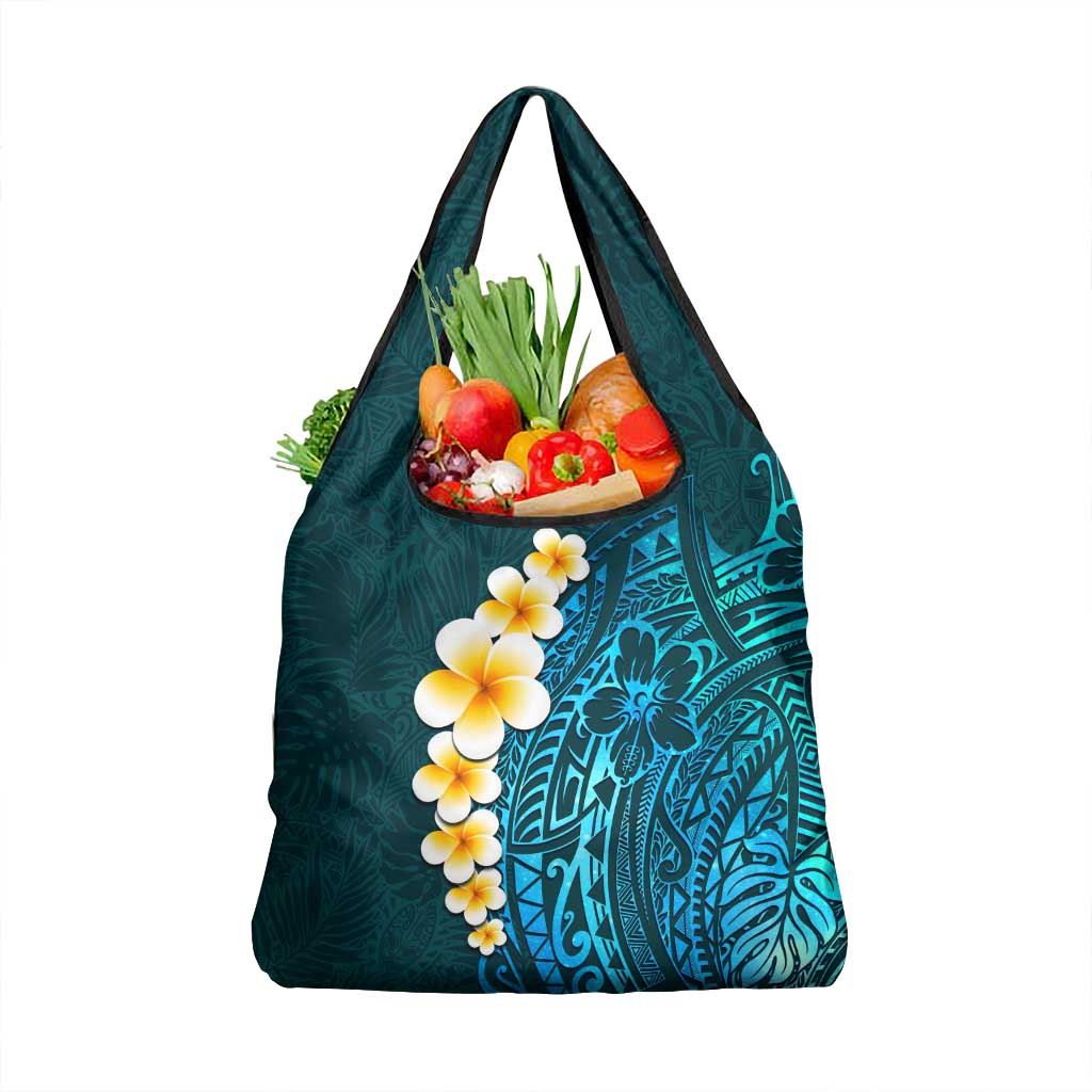 Turquoise Polynesia Grocery Bag Plumeria Tropical Leaves With Galaxy Polynesian Art LT14 1-pack One Size Turquoise - Polynesian Pride