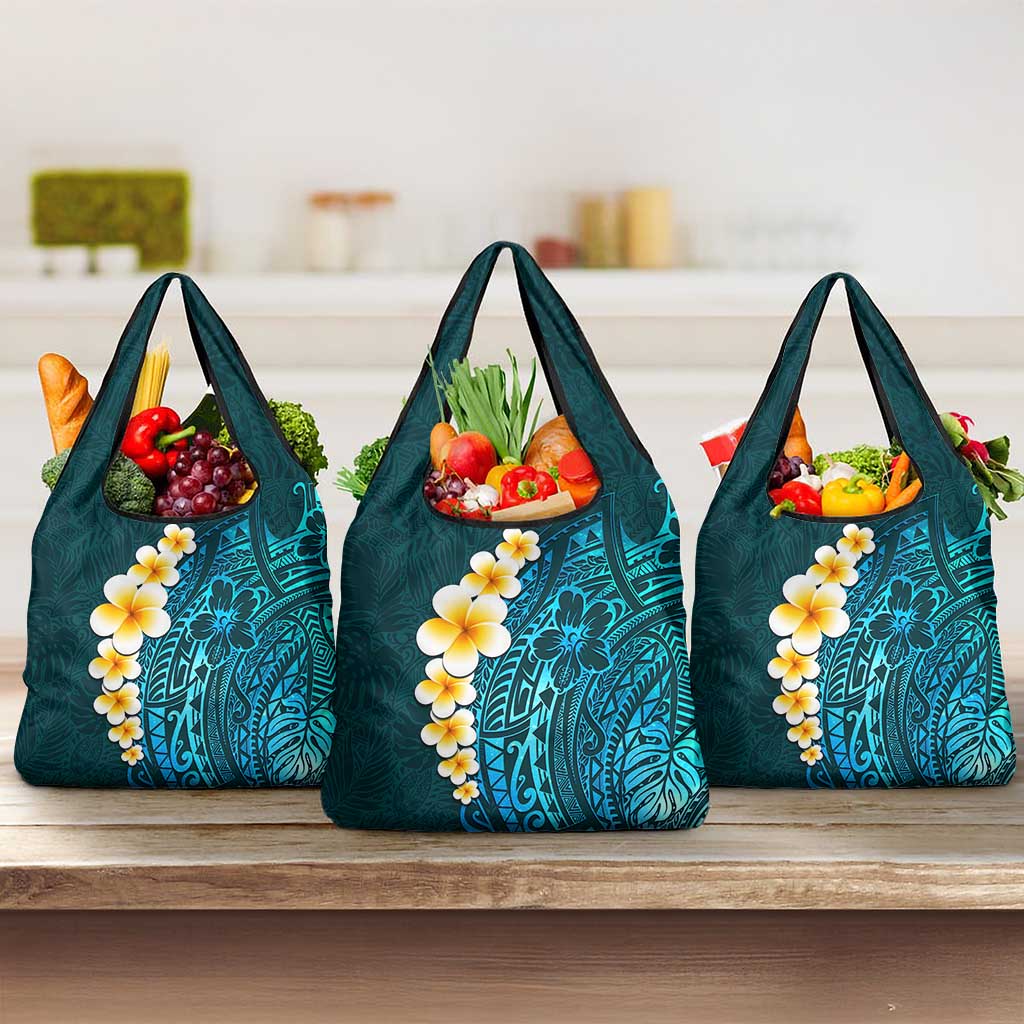 Turquoise Polynesia Grocery Bag Plumeria Tropical Leaves With Galaxy Polynesian Art LT14 3-pack One Size Turquoise - Polynesian Pride