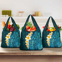 Turquoise Polynesia Grocery Bag Plumeria Tropical Leaves With Galaxy Polynesian Art LT14 3-pack One Size Turquoise - Polynesian Pride