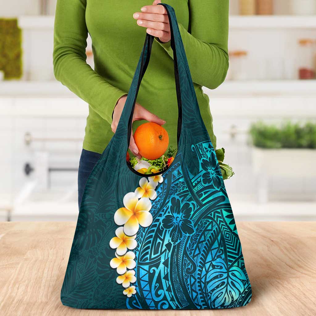 Turquoise Polynesia Grocery Bag Plumeria Tropical Leaves With Galaxy Polynesian Art LT14 - Polynesian Pride
