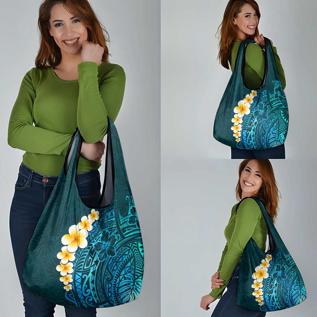 Turquoise Polynesia Grocery Bag Plumeria Tropical Leaves With Galaxy Polynesian Art LT14 - Polynesian Pride