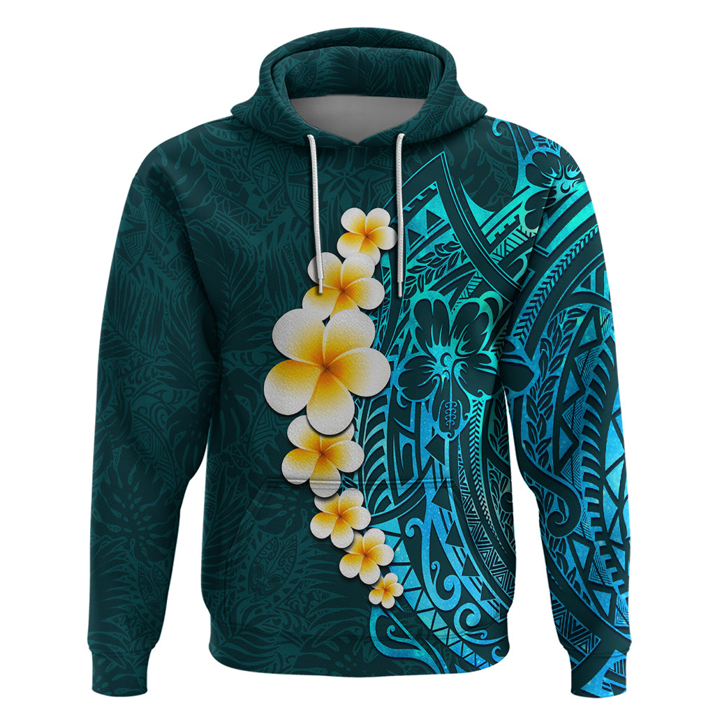 Turquoise Polynesia Hoodie Plumeria Tropical Leaves With Galaxy Polynesian Art LT14 Turquoise - Polynesian Pride