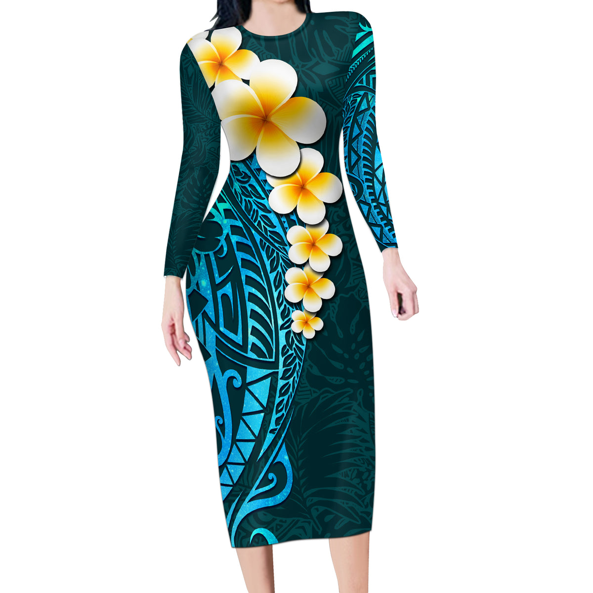 Turquoise Polynesia Long Sleeve Bodycon Dress Plumeria Tropical Leaves With Galaxy Polynesian Art LT14 Long Dress Turquoise - Polynesian Pride
