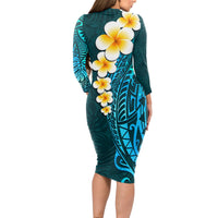 Turquoise Polynesia Long Sleeve Bodycon Dress Plumeria Tropical Leaves With Galaxy Polynesian Art LT14 - Polynesian Pride