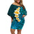 Turquosie Polynesia Off Shoulder Short Dress Plumeria Tropical Leaves With Galaxy Polynesian Art LT14 Women Turquoise - Polynesian Pride