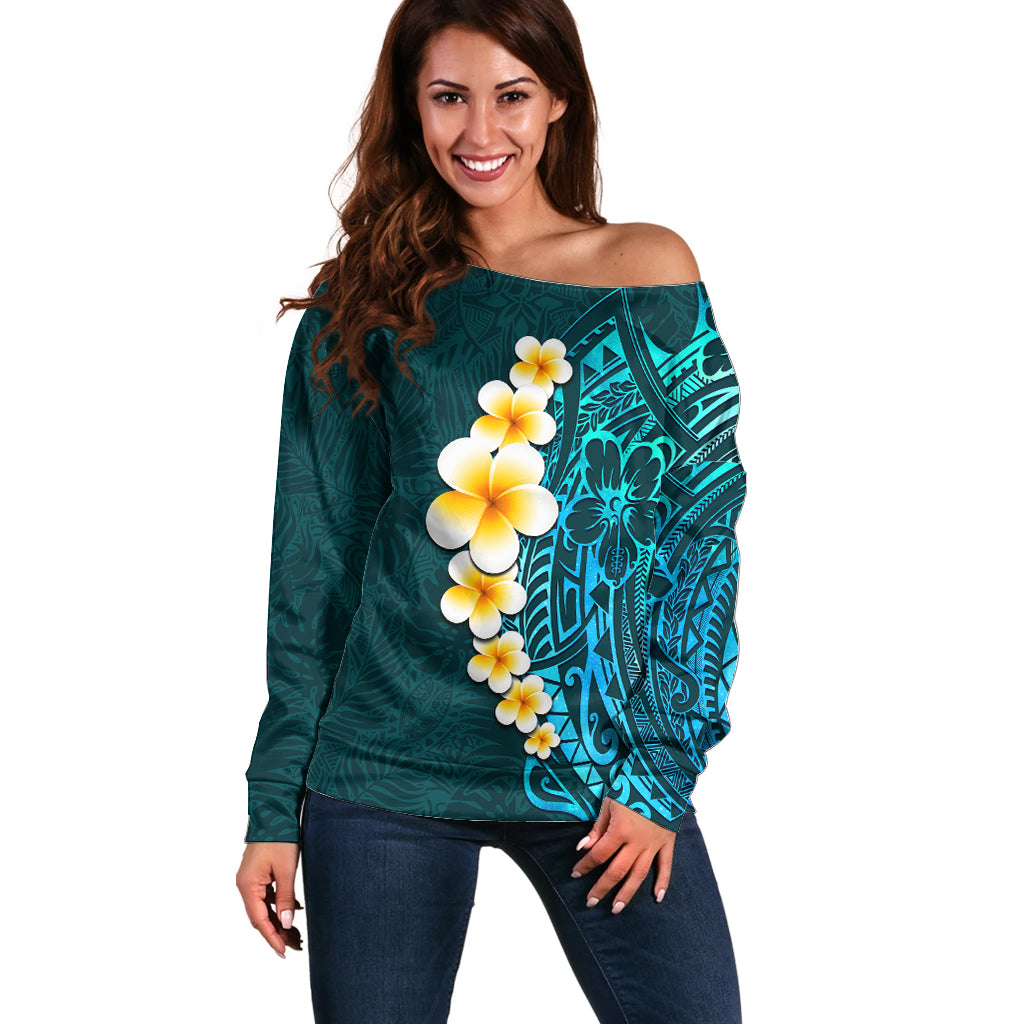 Turquoise Polynesia Off Shoulder Sweater Plumeria Tropical Leaves With Galaxy Polynesian Art LT14 Women Turquoise - Polynesian Pride